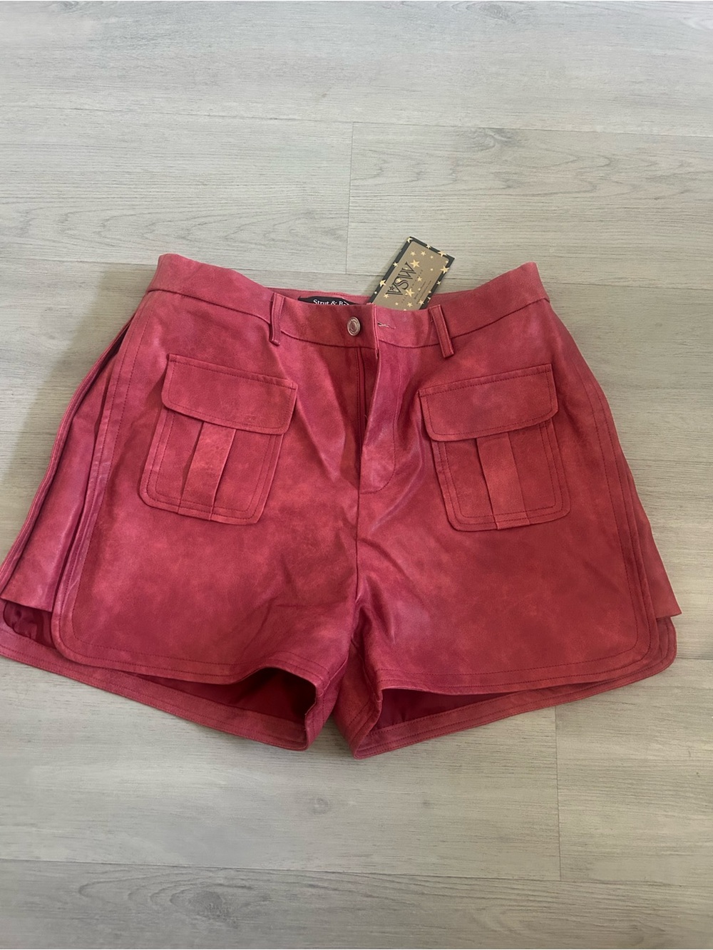 High-Waist Red Suede Cargo Pocket Shorts